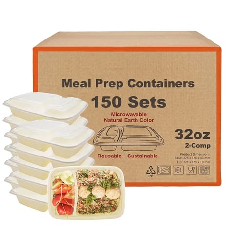 32 oz Beige Microwavable Rectangular PP Plastic Food Container with Clear Lid, 2-Compartment - (150/Case)