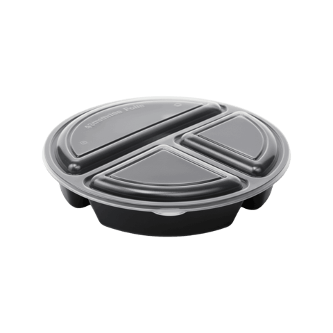 32 oz. Black 3-Compartment Round Microwavable Heavy Weight Plastic Food Containers with Lids - (150/Case)