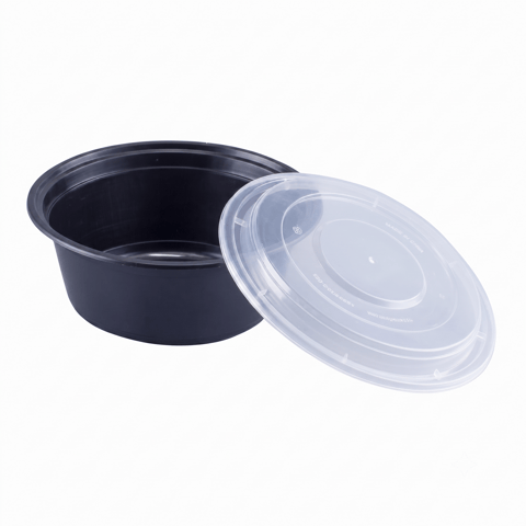 32 oz Black Microwavable Round PP Plastic Food Container with Clear Lid - (150/Case)