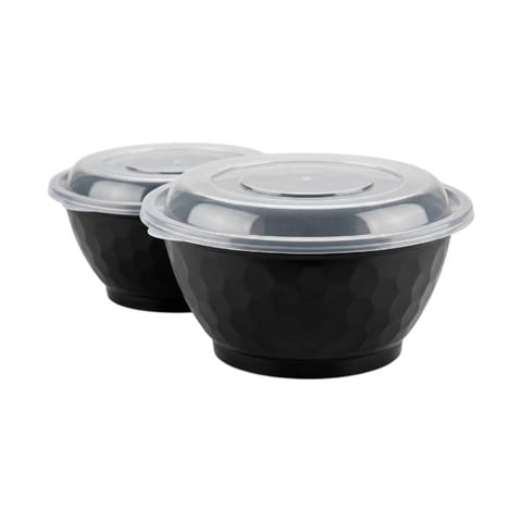 32 oz Black Round PP Plastic Microwavable Bowl with Clear Lid - (150/Case)