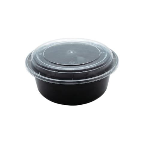 32 oz Heavy Duty Black Microwavable Round PP Plastic Food Container with Clear Lid - (150/Case)