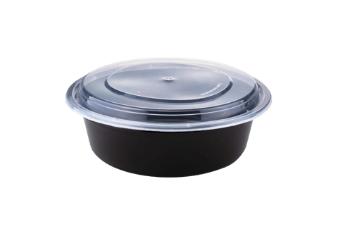 32 oz. Black Round Microwavable Heavy Weight Plastic Food Containers with Lids - (150/Case)