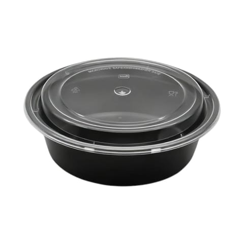 32 oz. Black Round Microwavable Heavy Weight Plastic Food Containers with Lids - (150/Case)