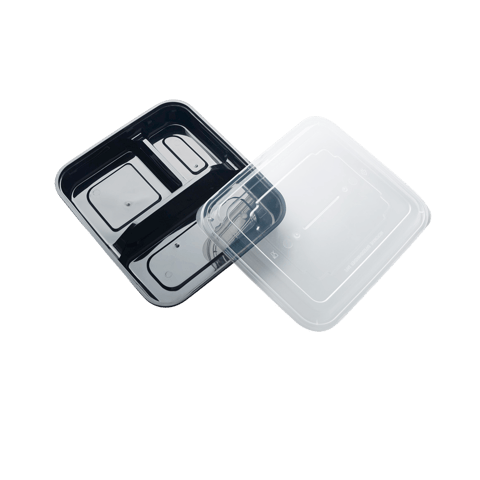 34 oz. Black 3-Compartment Rectangular Microwavable Heavy Weight Plastic Food Containers with Lids - (150/Case)