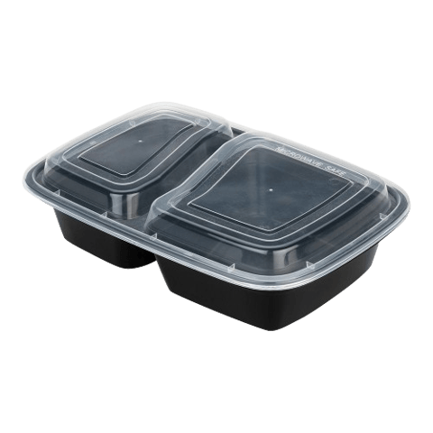 38 oz. Black 2-Compartment Rectangular Microwavable Heavy Weight Container with Lid - (150/Case)