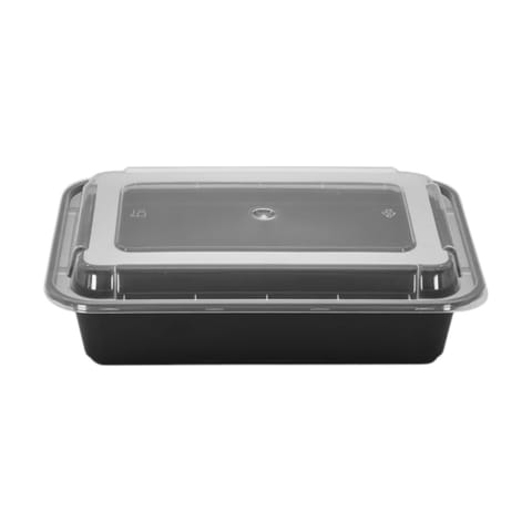 38 oz. Black Rectangular Microwavable Plastic Food Container with Lid - (150/Case)