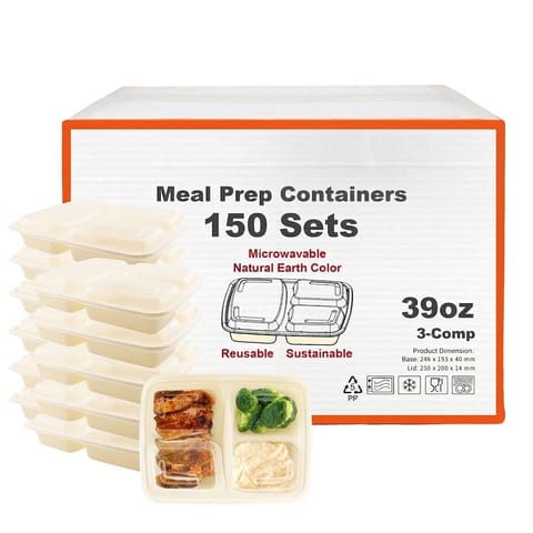 39 oz Beige Microwavable Rectangular PP Plastic Food Container with Clear Lid, 3-Compartment - (150/Case)