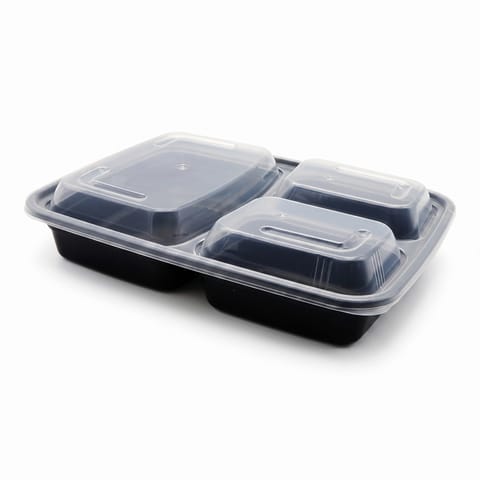 39 oz Black Microwavable Rectangular PP Plastic Food Container with Clear Lid, 3-Compartment - (150/Case)