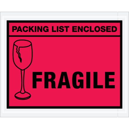 4 1/2 x 5 1/2" Red "Packing List Enclosed - Fragile" Envelopes