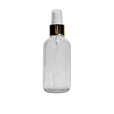 4 oz. (120 ml) Clear Boston Round Glass Bottle with White Fine Mist Sprayer, Gold Collar and Clear Overcap - (48/Case)