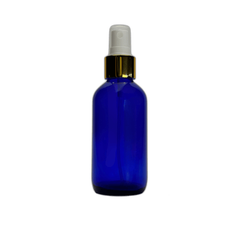 4 oz. (120 ml) Cobalt Blue Boston Round Glass Bottle with White Fine Mist Sprayer, Gold Collar and Clear Overcap - (48/Case)