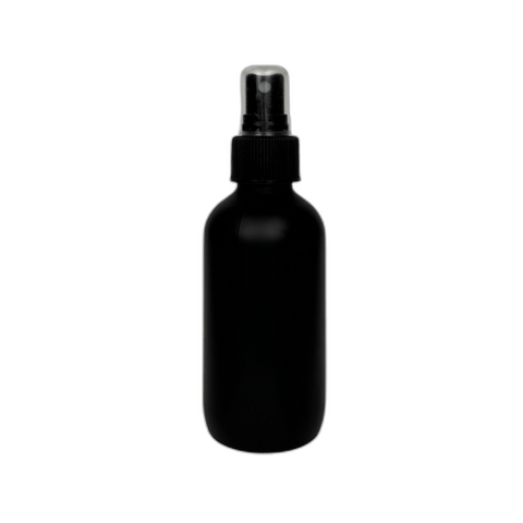 4 oz. (120 ml) Matte Black Boston Round Glass Bottle with Black Fine Mist Sprayer and Clear Overcap - (48/Case)