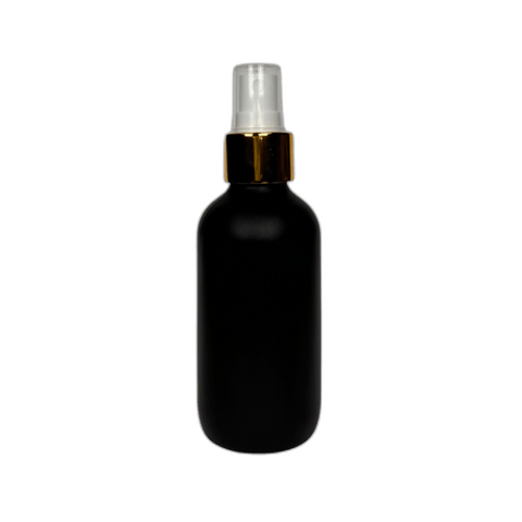 4 oz. (120 ml) Matte Black Boston Round Glass Bottle with White Fine Mist Sprayer, Gold Collar and Clear Overcap - (48/Case)