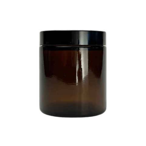 4 oz. Amber Glass 58-400 Straight Sided Round Jar with PP Black Lid and Sealing Disc Liner - (24/Case)