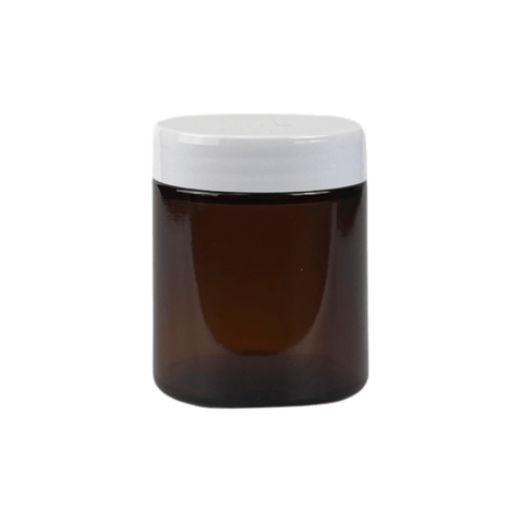 4 oz. Amber Glass 58-400 Straight Sided Round Jar with PP White Lid and Sealing Disc Liner - (24/Case)