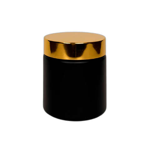4 oz. Black Matte Glass 58-400 Straight Sided Round Jar with Gold Lid and Sealing Disc Liner - (24/Case)