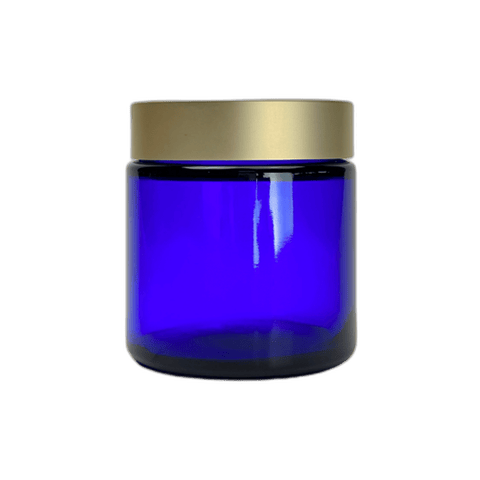 4 oz. Cobalt Blue Glass 58-400 Straight Sided Round Jar with Brushed Gold Lid and Sealing Disc Liner - (24/Case)