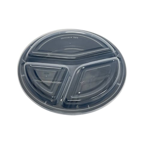 40 oz. Black Microwavable PP Plastic Round Food Container​ with Lid, 3-compartment, Heavy Weight - (100/Case)