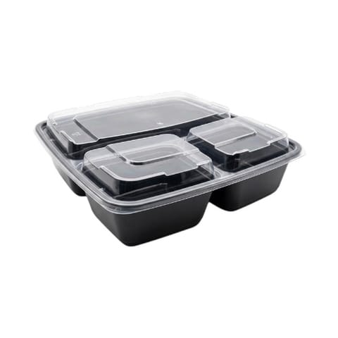 45 oz Black Microwavable Rectangular PP Plastic Food Container with Clear Lid, 3-Compartment - (100/Case)