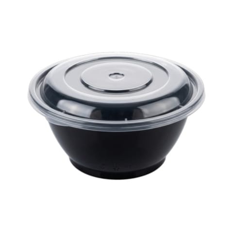 45 oz Black Round PP Plastic Microwavable Bowl with Clear Lid - (150/Case)