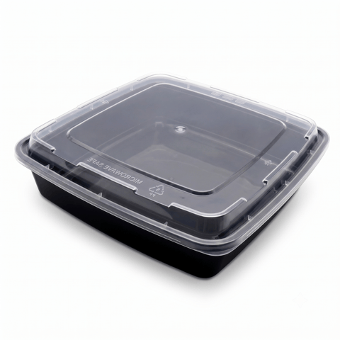 48 oz Black Microwavable Square PP Plastic Food Container with Clear Lid - (100/Case)