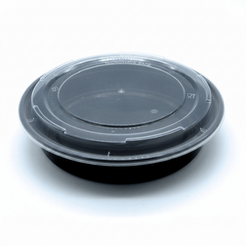 48 oz Heavy Duty Black Microwavable 9" Round PP Plastic Food Container with Clear Lid - (150/Case)