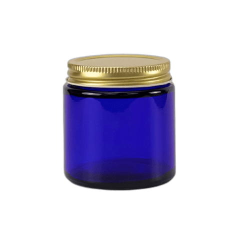 4oz. Cobalt Blue Glass 58-400 Straight Sided Round Jar with Gold Metal Lid - (24/Case)