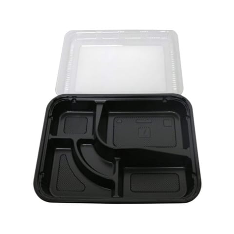 5-Compartment Black PS Plastic Bento Box with Clear Lid, 10 3/4" x 10 3/4" x 1 1/2" - (100/Case)