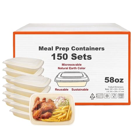 58 oz Beige Microwavable Rectangular PP Plastic Food Container with Clear Lid - (150/Case)