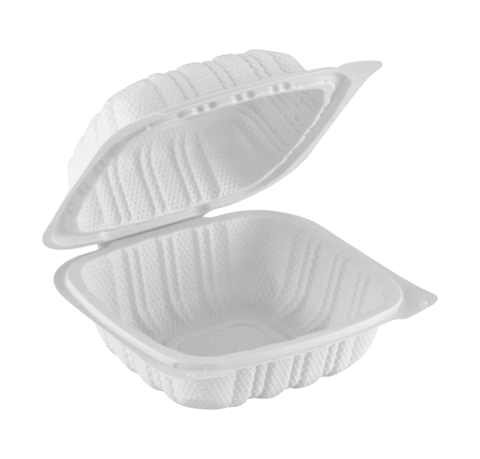 6" x 6" Microwavable White 1-Compartment MFPP Plastic Hinged Take-out Container - (250/Case)