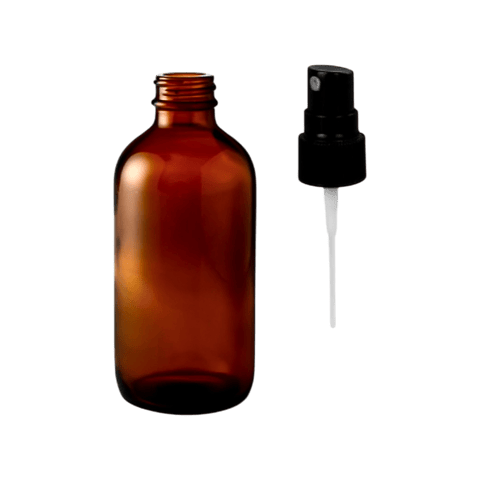 60ml (2 oz) Amber Boston Round Glass Bottle with 20-400 Black Ribbed Fine Mist Sprayer - (240/Case)