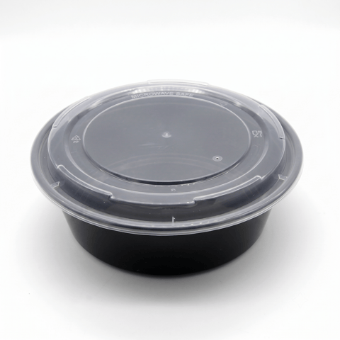 68 oz Heavy Duty Black Microwavable Round PP Plastic Food Container with Clear Lid - (90/Case)