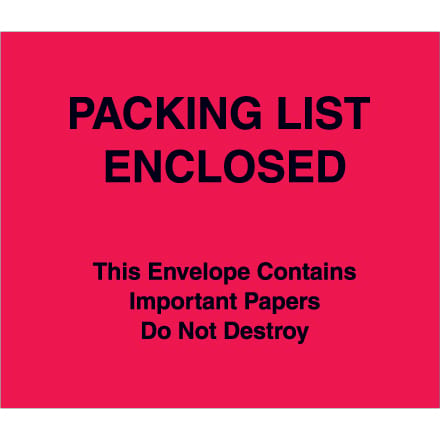 7 x 6" Red "Packing List Enclosed" Important Papers Enclosed Envelopes (Paper Face)