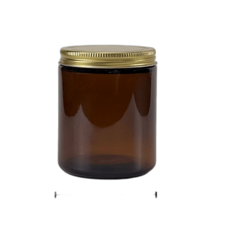 8 oz. Amber Glass 70-400 Straight Sided Round Jar with Gold Metal Lid - (24/Case)