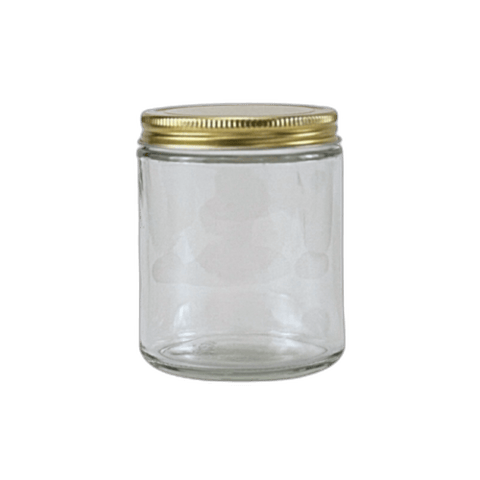 8 oz. Clear Glass 70-400 Straight Sided Round Jar with Gold Metal Lid - (24/Case)