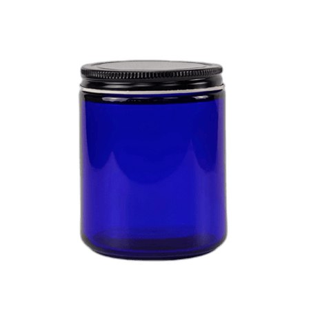 8 oz. Cobalt Blue Glass 70-400 Straight Sided Round Jar with Black Metal Lid - (24/Case)