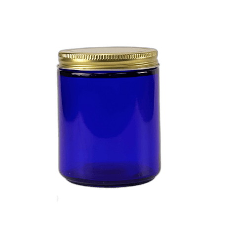 8 oz. Cobalt Blue Glass 70-400 Straight Sided Round Jar with Gold Metal Lid - (24/Case)