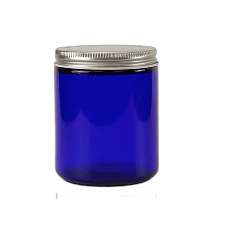 8 oz. Cobalt Blue Glass 70-400 Straight Sided Round Jar with Silver Metal Lid - (24/Case)