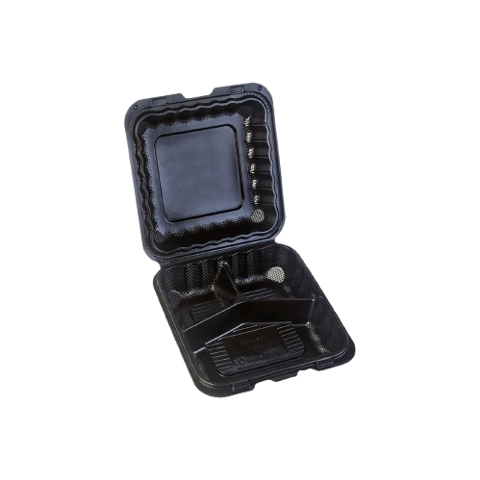 8" x 8" 3-Compartment Microwaveable Black Mineral-Filled Plastic Hinged Take-Out Container - (150/Case)