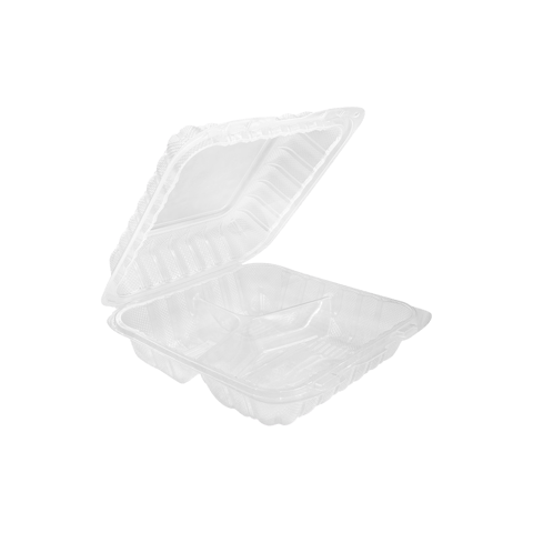 8" x 8" 3-Compartment Clear PP Plastic Clamshell Containers - (150/Case)