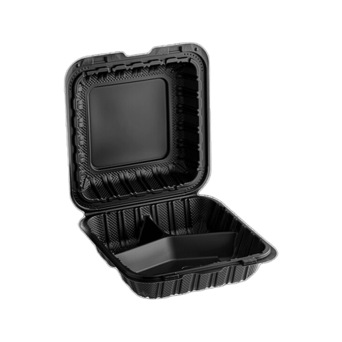 8 x 8" Black Mineral-Filled PP Hinged Takeout Container, Microwaveable, 3-Compartment - (150/Case)