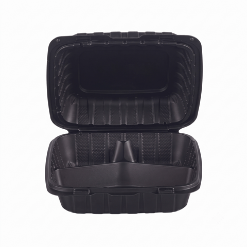 8" x 8" Black Microwavable PP Plastic Hinged Container, 3-Compartment - (150/Case)