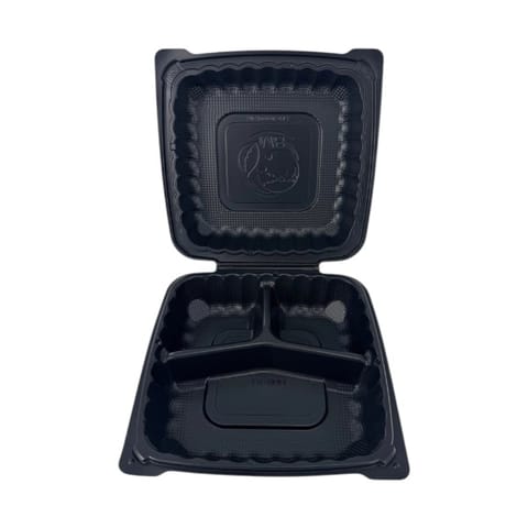 8" x 8" Black TFPP Plastic Clamshell To-Go Container, 3-Compartment​ - (110/Case)