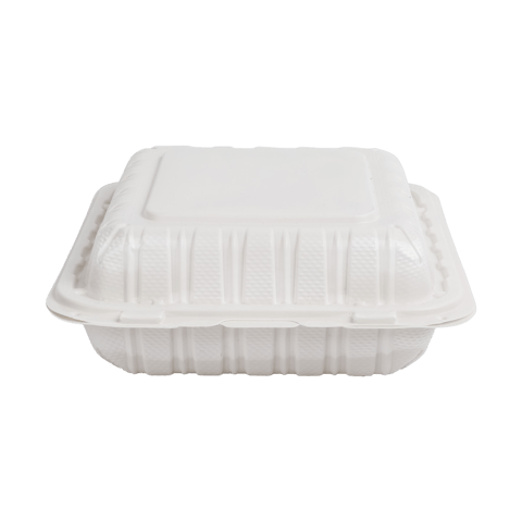 8" x 8" Microwavable White 1-Compartment MFPP Plastic Hinged Take-out Container - (150/Case)