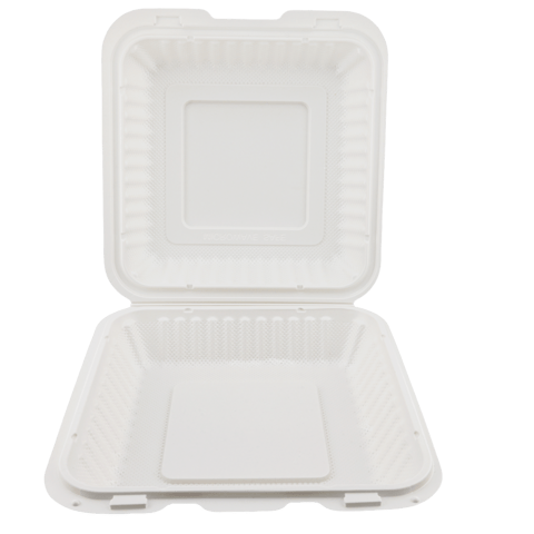 8" x 8" White Microwavable PP Plastic Hinged Container, 1-Compartment - (150/Case)