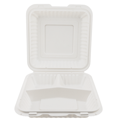 8" x 8" White Microwavable PP Plastic Hinged Container, 3-Compartment - (150/Case)