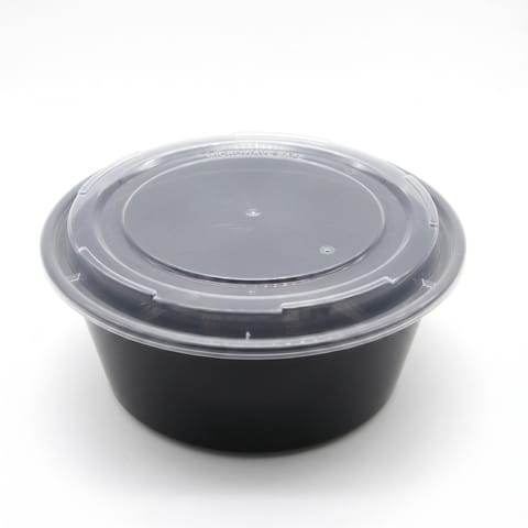 85 oz Heavy Duty Black Microwavable Round PP Plastic Food Container with Clear Lid - (90/Case)