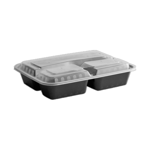 9 3/4 x 7 1/4 x 2" Microwave‑Safe 32 oz. Black PP Rectangular 3-Comartment Container – Heavy‑Duty, Clear Lid – (150/Case)
