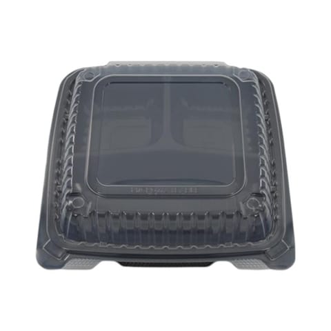 9" x 9" Black PP Plastic Hinged Container with Clear Vented Lid, 3-Compartment - (120/Case)