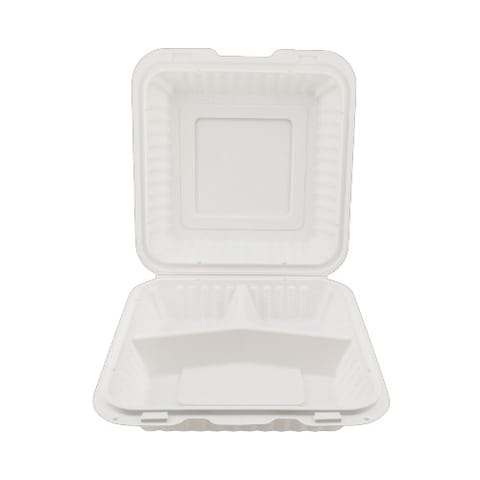 9" x 9" White Microwavable PP Plastic Hinged Container, 3-Compartment - (150/Case)